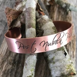 Post Nubila Phoebus etched copper cuff bracelet