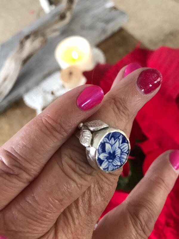 Recycled blue china & recycled silver ring