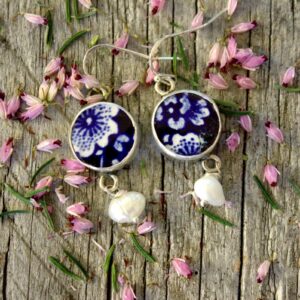 Recycled Burleigh Blue Calico China, 925 silver and pearl drop earrings