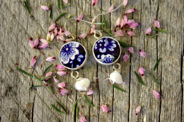 Recycled Burleigh Blue Calico China, 925 silver and pearl drop earrings