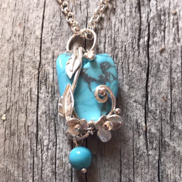 Sterling silver, howlite, turquoise & flowers pendant